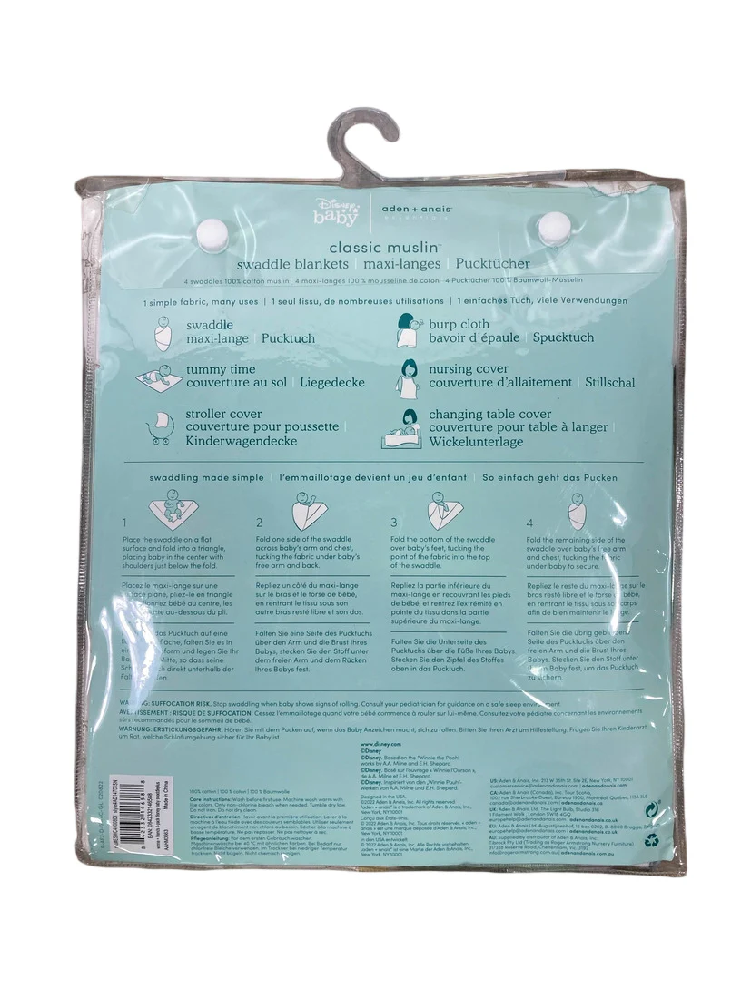 Aden + Anais Essentials Cotton Muslin Swaddle, 4pk, Winnie & Friends - Image 5