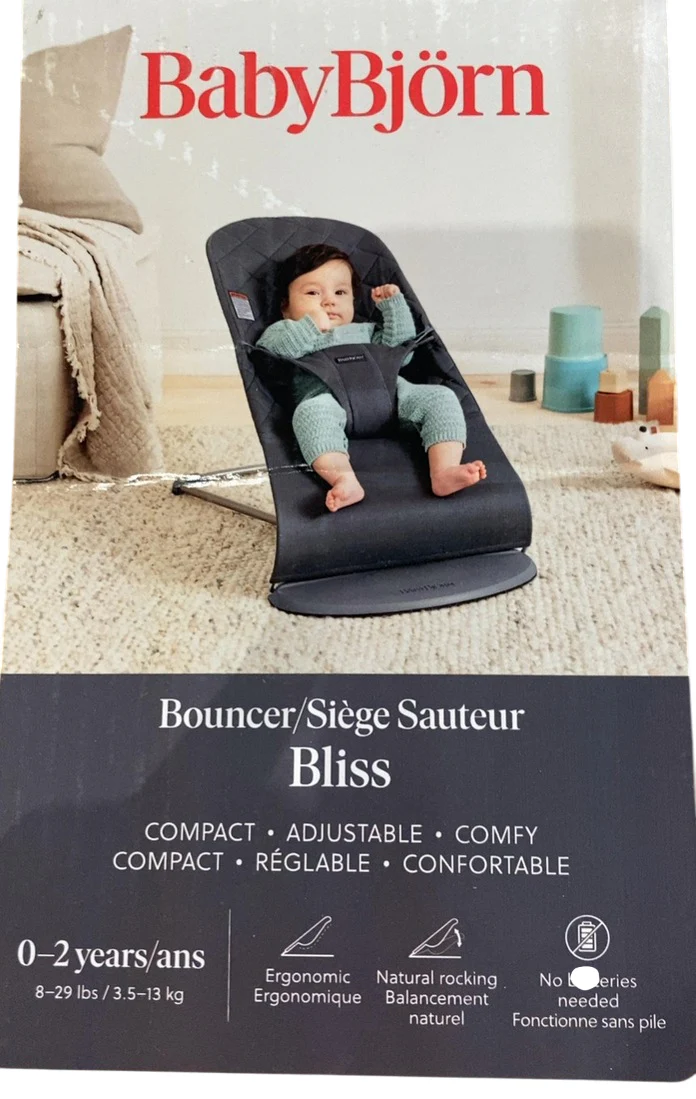BabyBjorn Bouncer Bliss, Dark Gray Frame, Anthracite Cotton Classic Quilt - Image 2