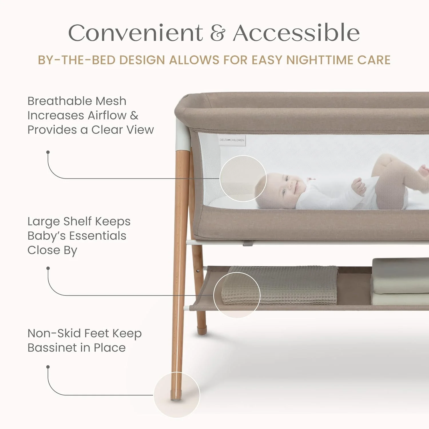 Delta Children Bondi Adjustable Height Bedside Beechwood Bassinet, Tan, Bedside Bassinet - Image 3