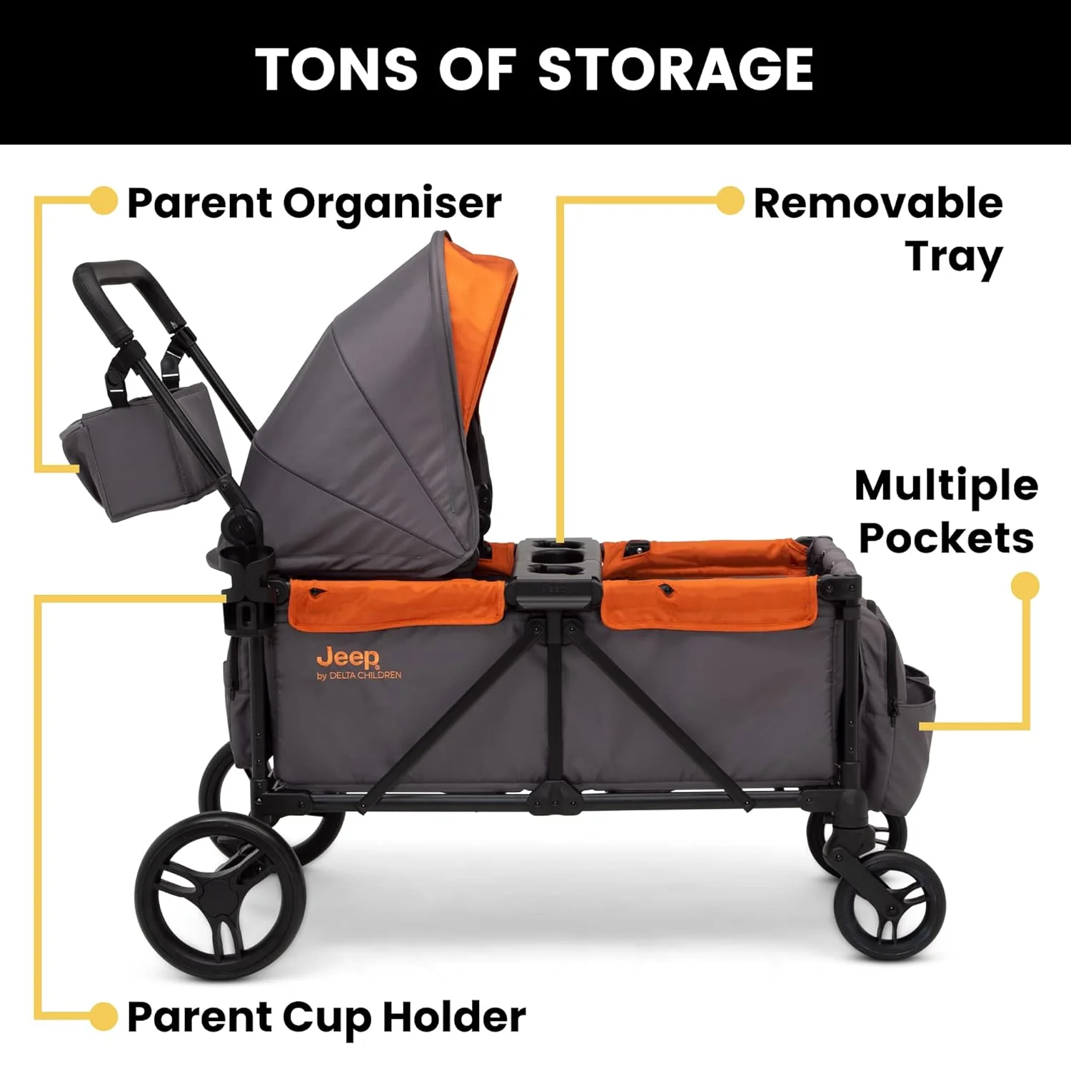 Delta Children Jeep Sport All-Terrain Stroller Wagon, Grey/Bonfire - Image 2