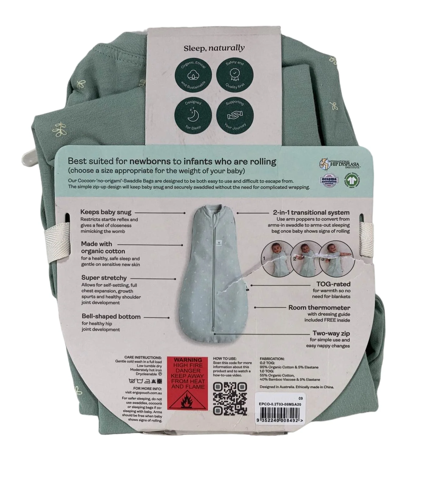ErgoPouch Cocoon Swaddle Bag, 0.2 TOG, 3-6M, Sage - Image 3