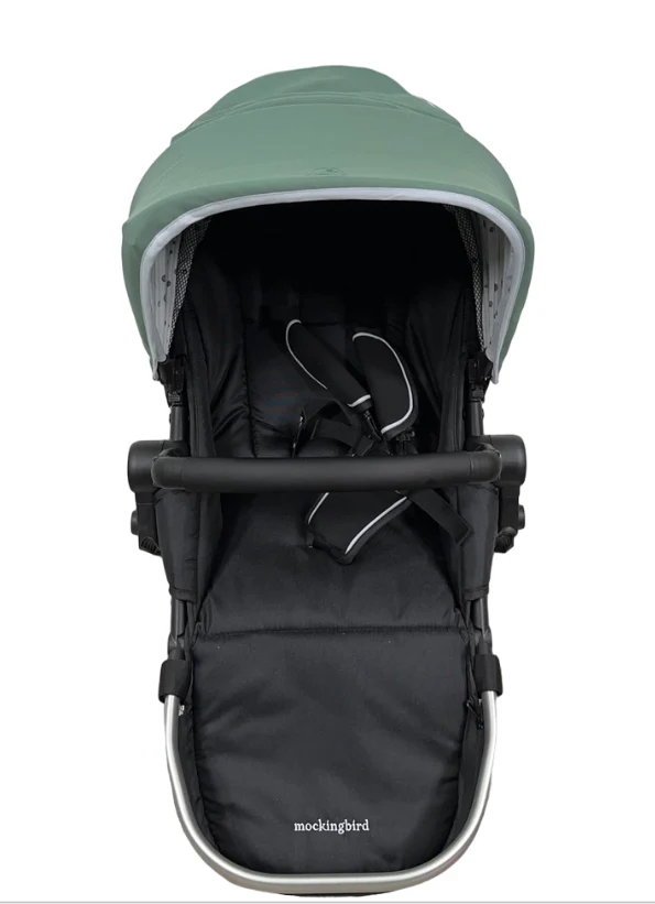 Mockingbird 2nd Seat Kit with Extendable Canopy, Sage, Watercolor Drops, Silver With Black Leather