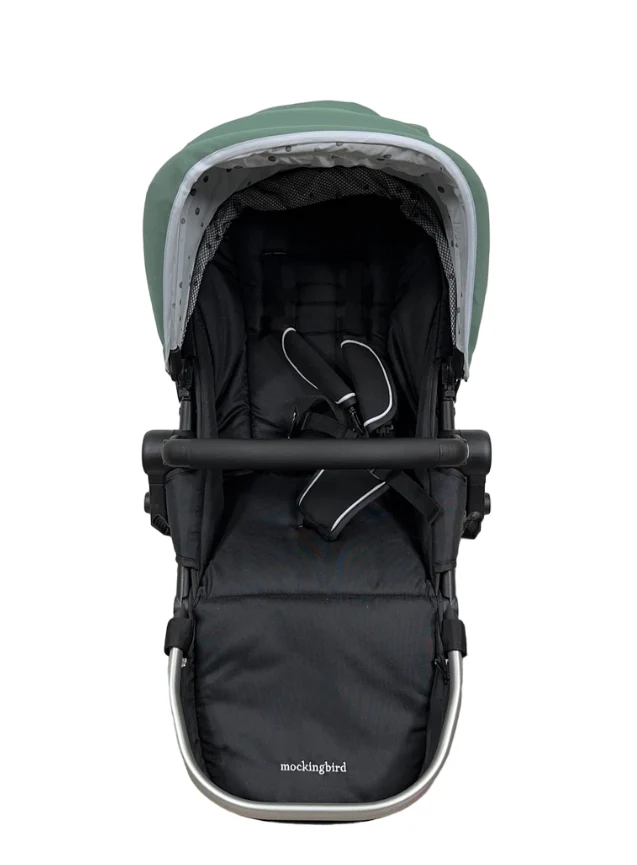 Mockingbird 2nd Seat Kit with Extendable Canopy, Sage, Watercolor Drops, Silver With Black Leather - Image 2