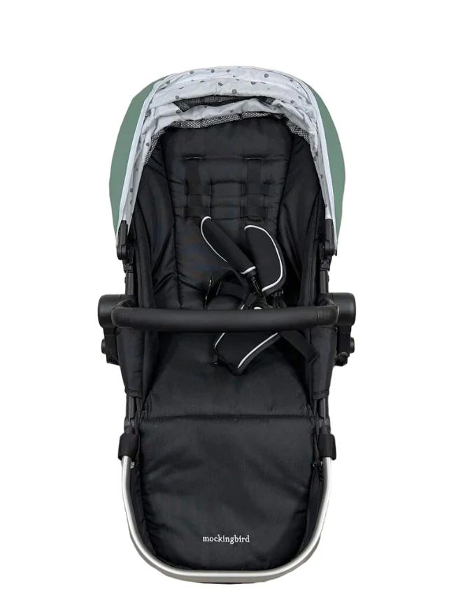 Mockingbird 2nd Seat Kit with Extendable Canopy, Sage, Watercolor Drops, Silver With Black Leather - Image 3