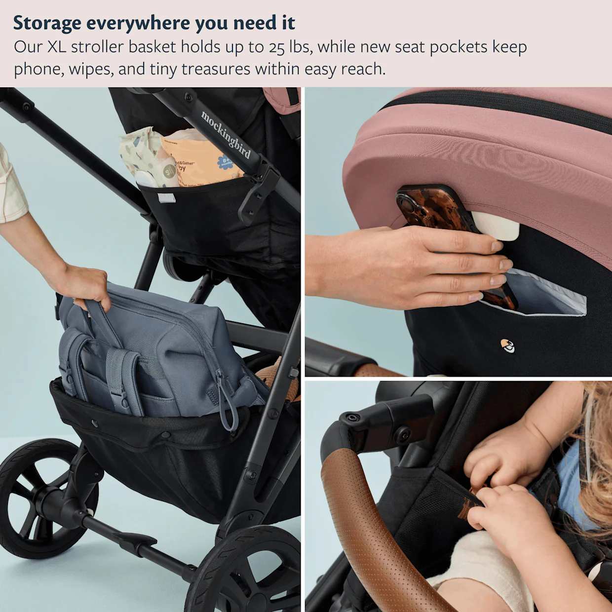 Mockingbird Single 3.0 Stroller, 2025, Charcoal with Penny Leather, Solid Rose - Image 3