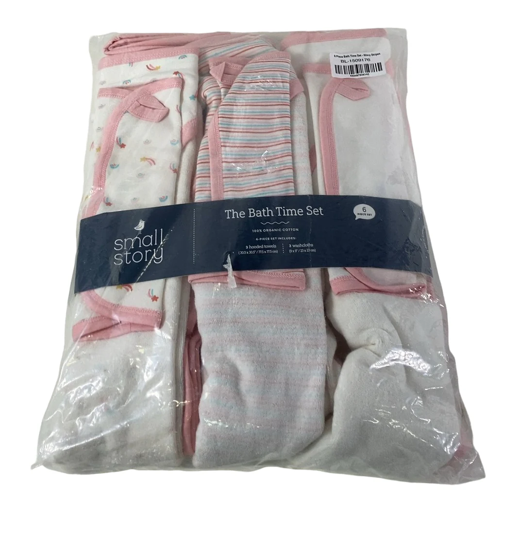 Small Story Bath Time Set 6 Piece, Pink Wavy Stripes